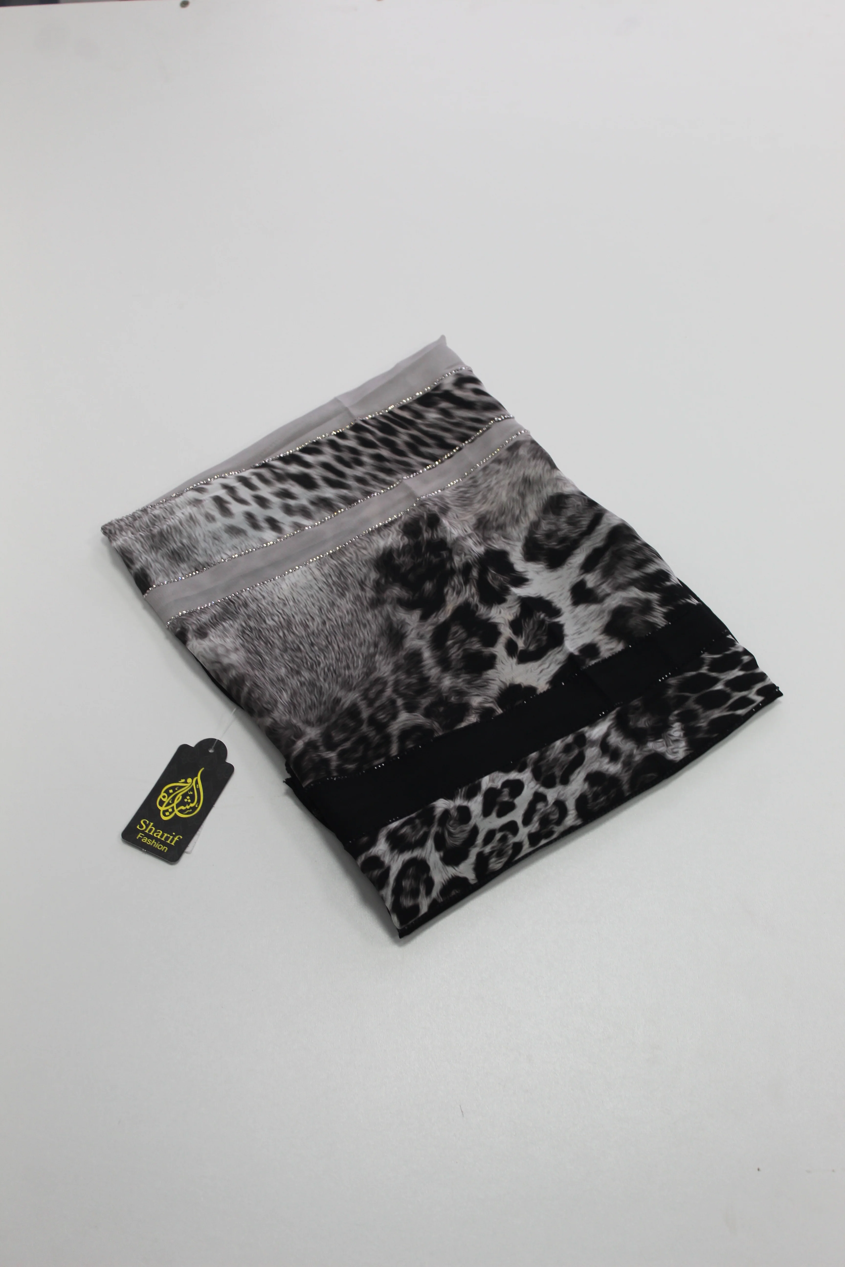 Sharif Watercolour Leopard Print Diamante Long Chiffon Hijab - Image 5