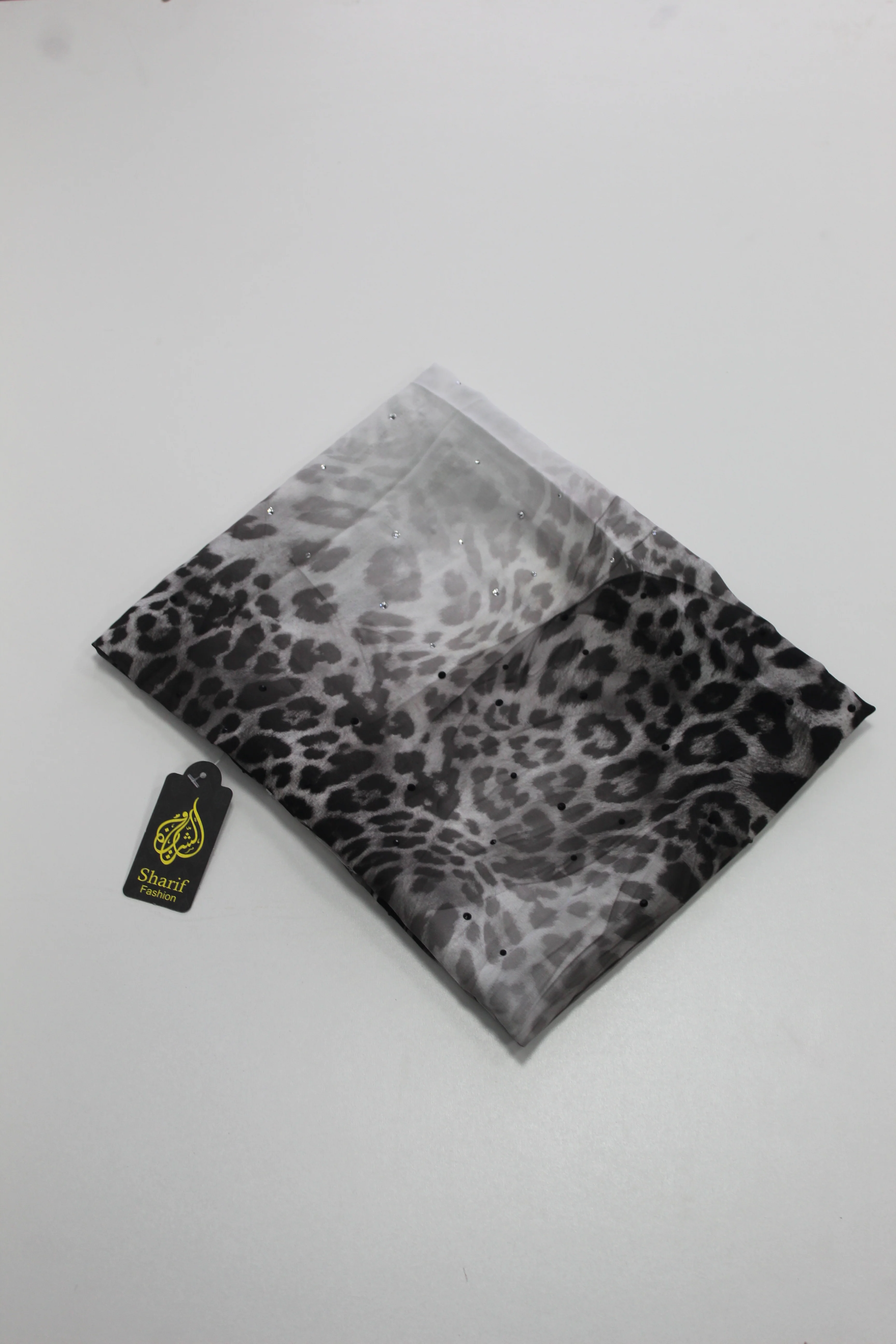 Sharif Watercolour Leopard Print Diamante Long Chiffon Hijab - Image 6