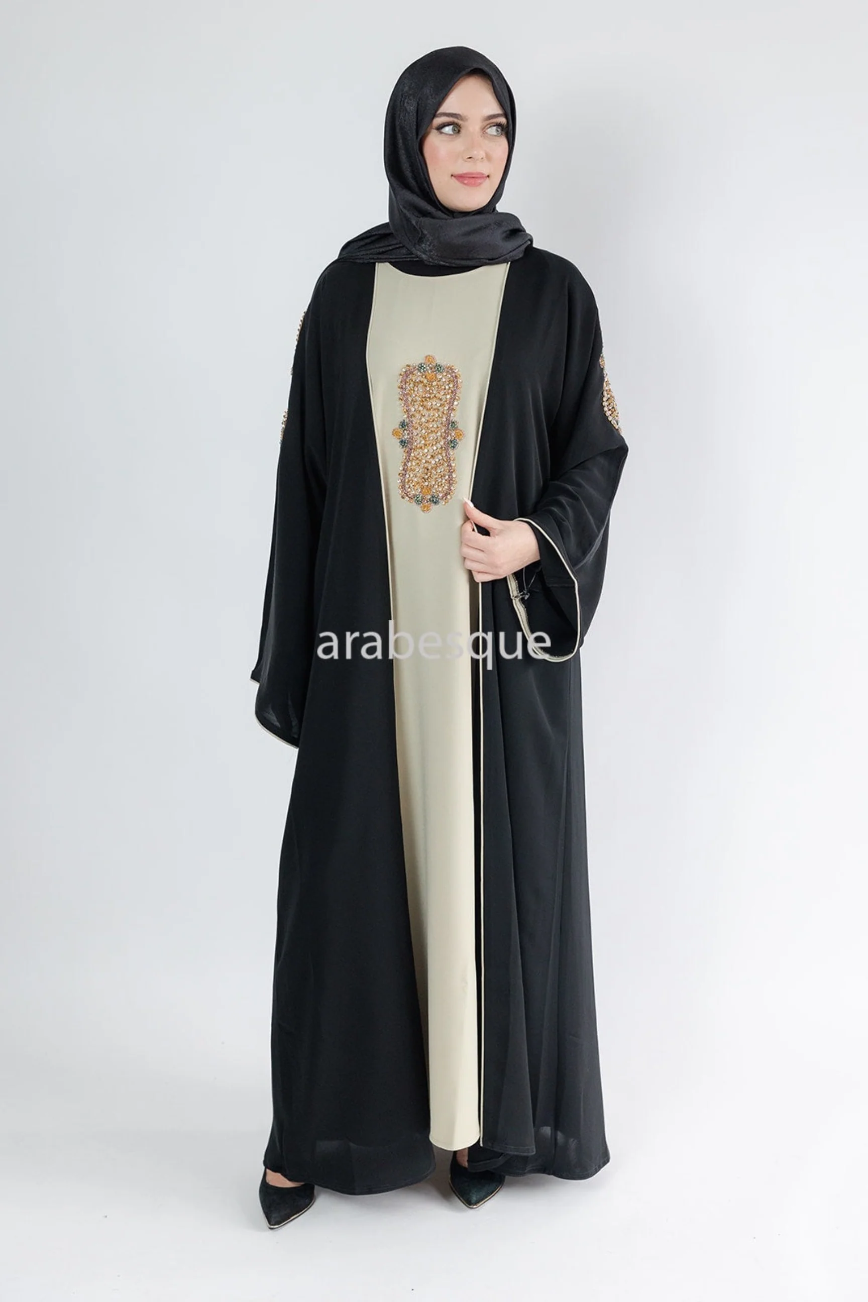 Black Open Abaya – Luxury Beaded Design with Beige Inner Slip Dress