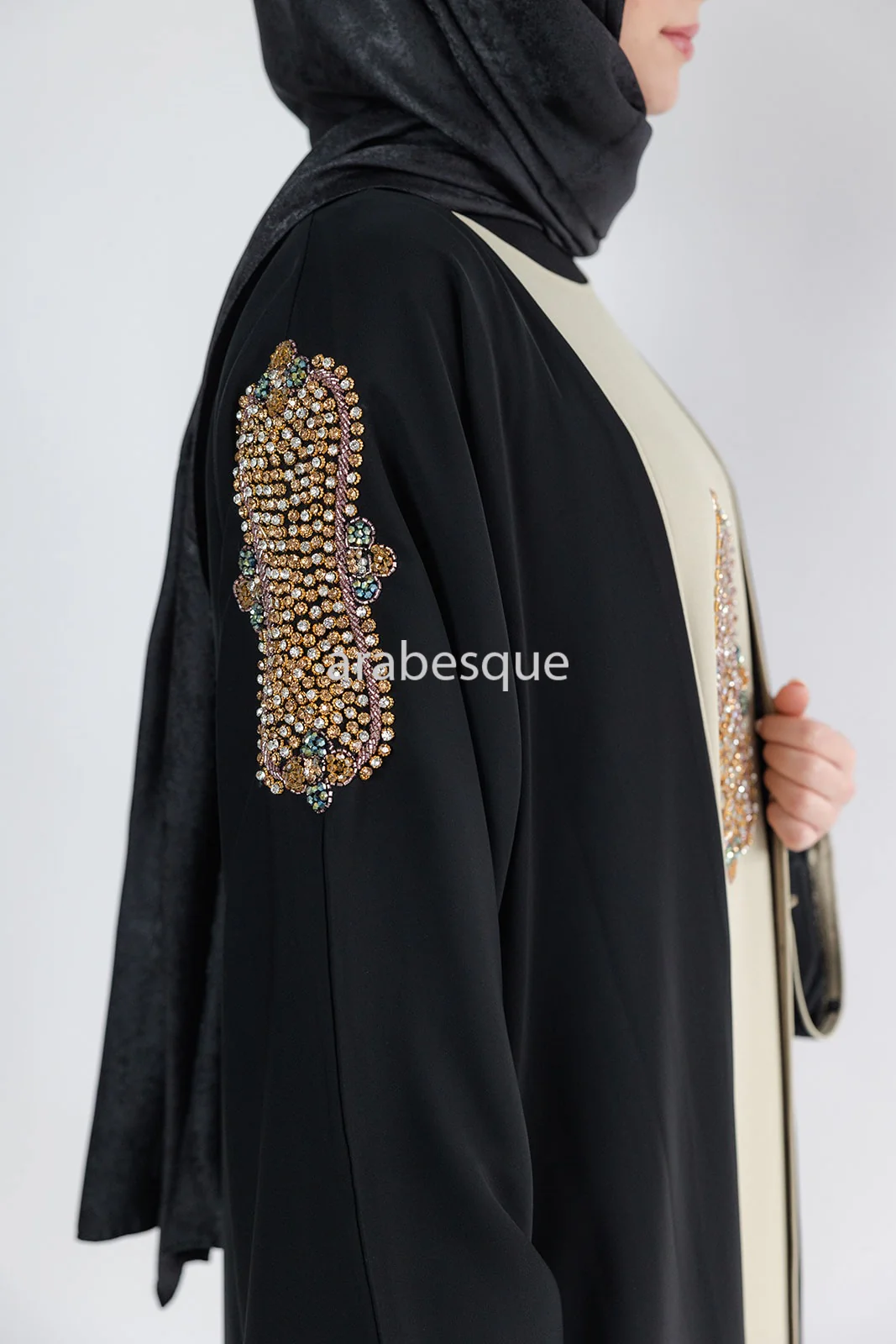 Black Open Abaya – Luxury Beaded Design with Beige Inner Slip Dress - Image 5