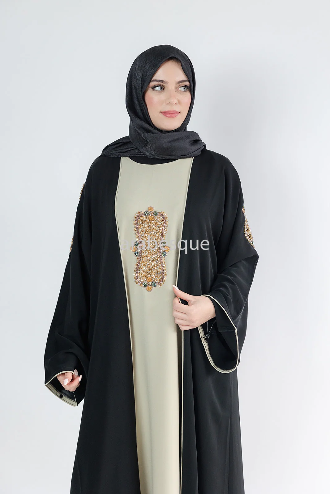 Black Open Abaya – Luxury Beaded Design with Beige Inner Slip Dress - Image 6