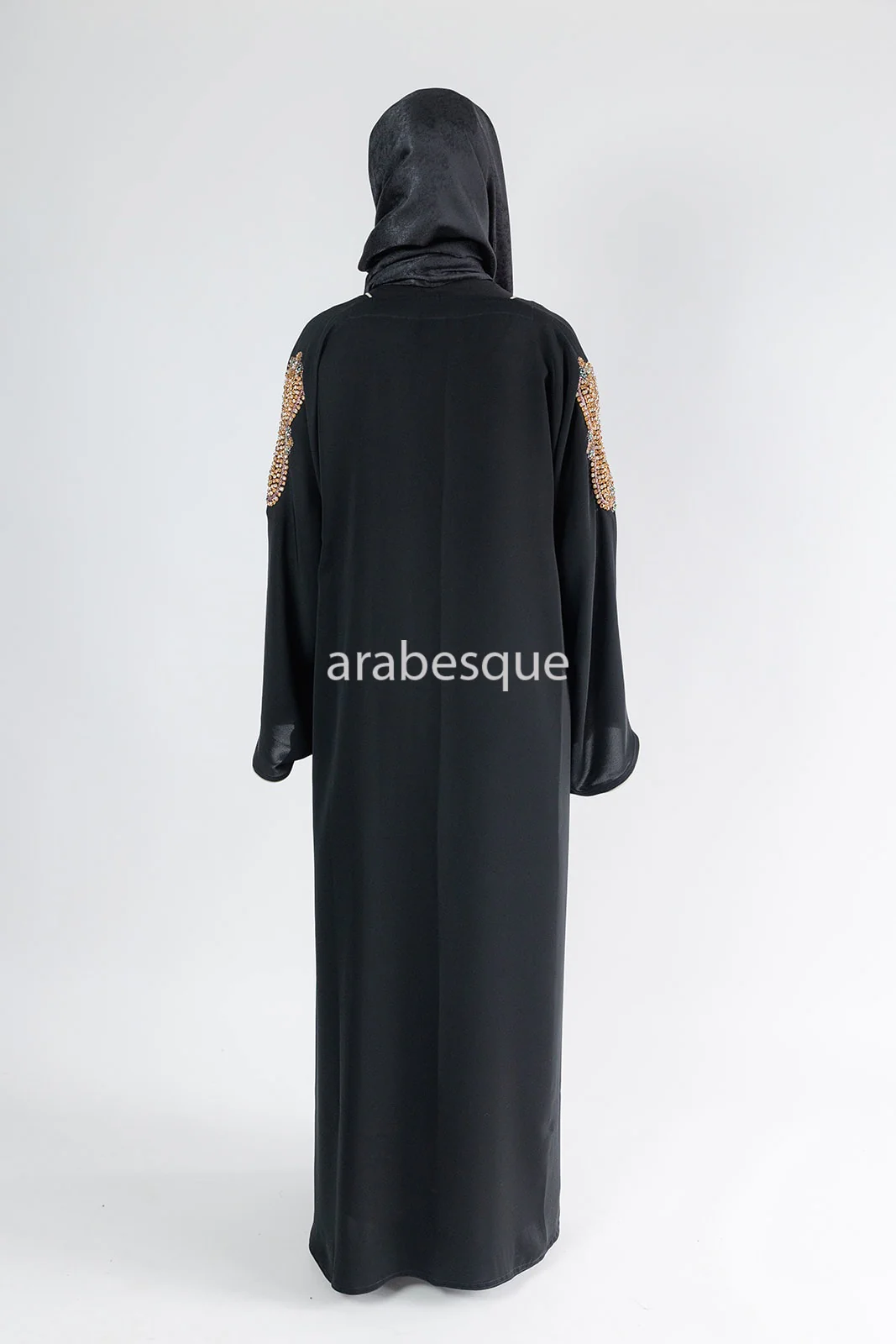 Black Open Abaya – Luxury Beaded Design with Beige Inner Slip Dress - Image 7