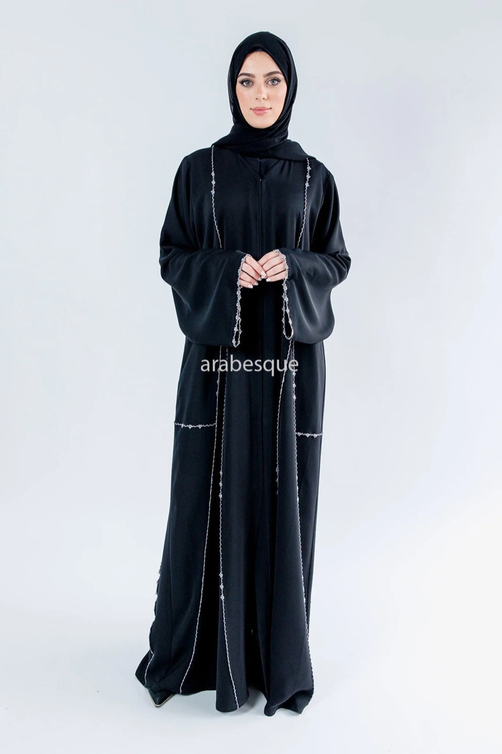Black Open Abaya – Luxury Silver Rhinestone Embellished Design