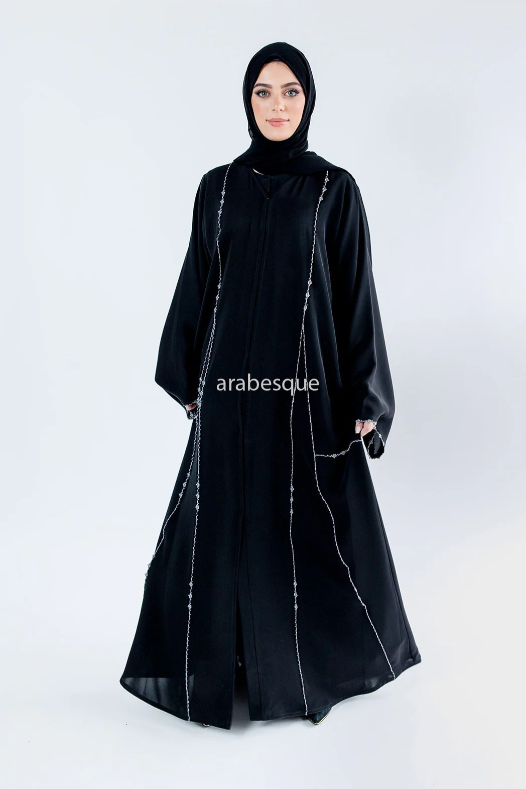 Black Open Abaya – Luxury Silver Rhinestone Embellished Design - Image 2