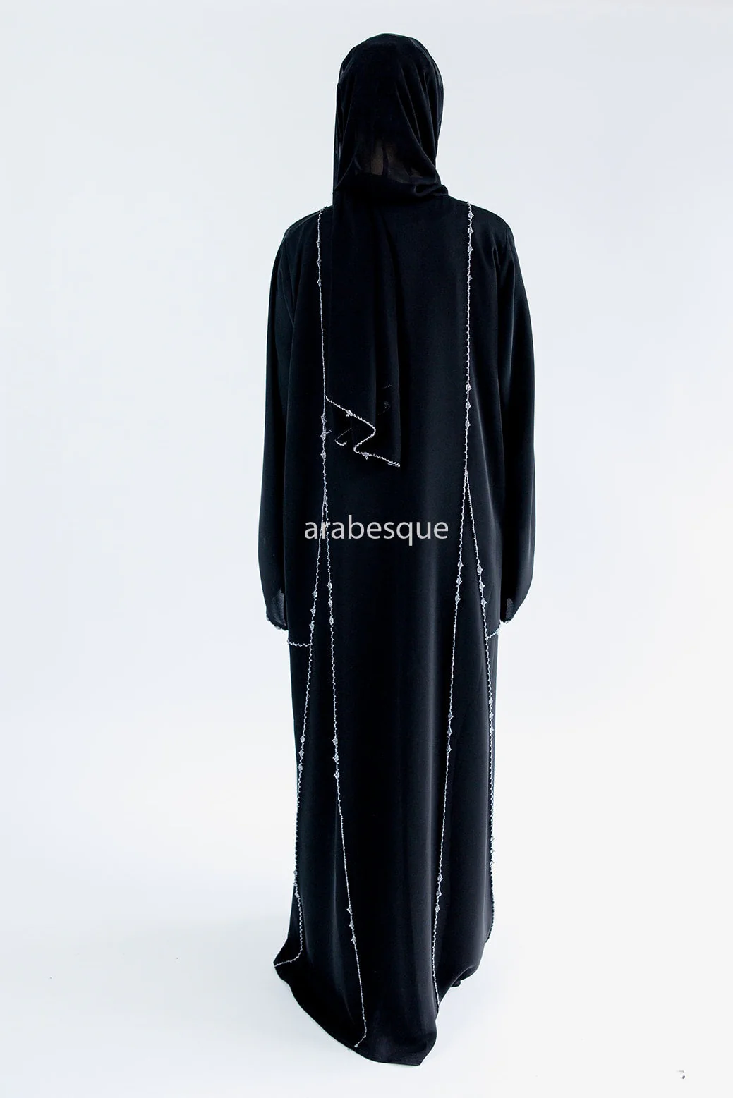 Black Open Abaya – Luxury Silver Rhinestone Embellished Design - Image 5