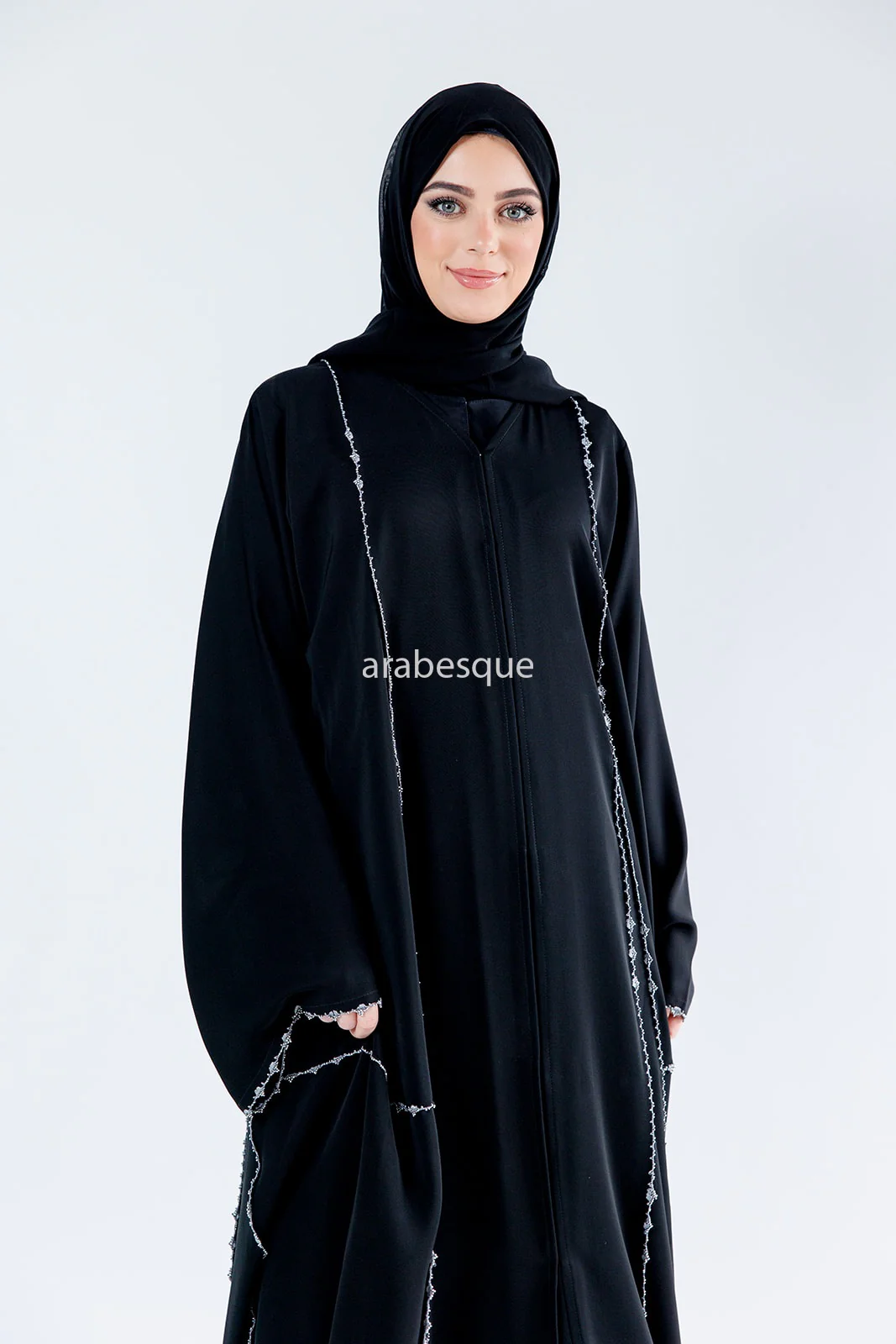 Black Open Abaya – Luxury Silver Rhinestone Embellished Design - Image 6