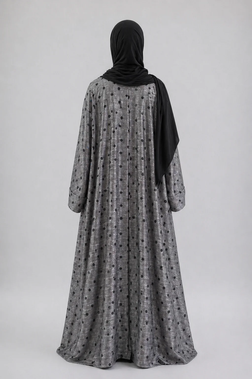 Silver Metallic Shimmer Open Abaya – Black Dots Design - Image 2
