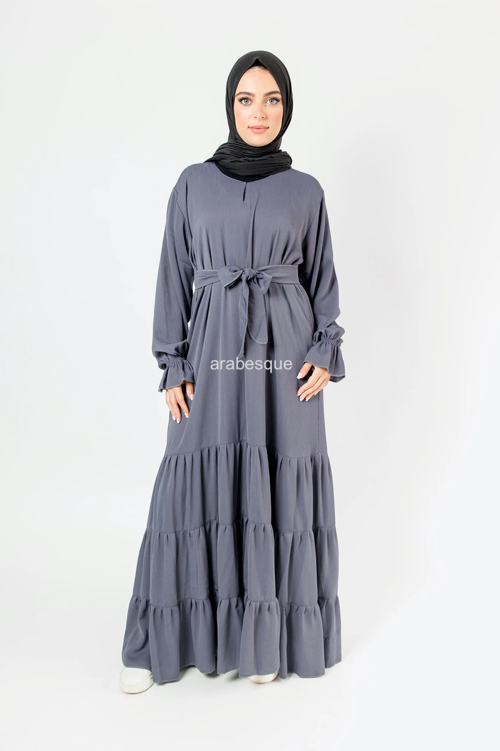 Textured Tiered Closed Abaya – Textured Fabric, Belted with Cuffed Sleeves