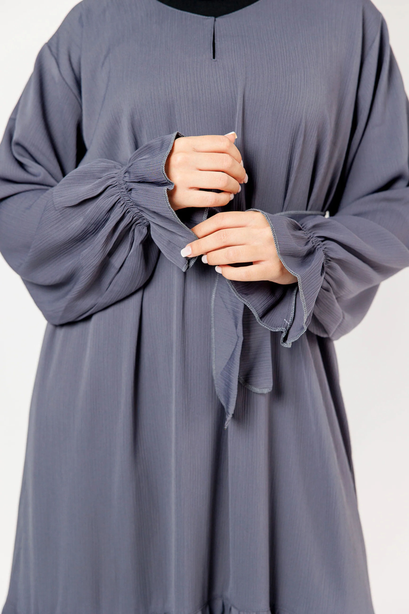 Textured Tiered Closed Abaya – Textured Fabric, Belted with Cuffed Sleeves - Image 3