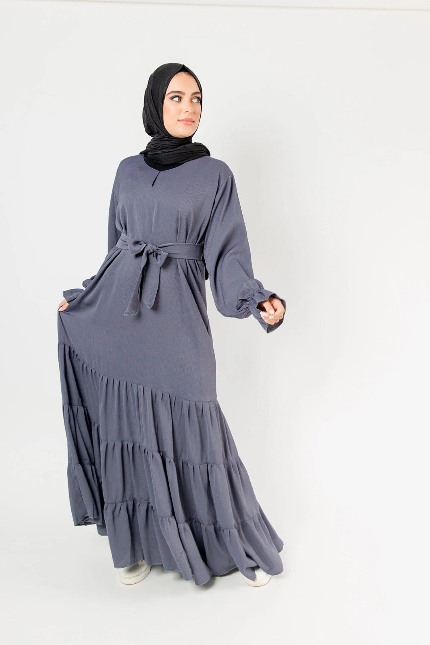 Textured Tiered Closed Abaya – Textured Fabric, Belted with Cuffed Sleeves - Image 4