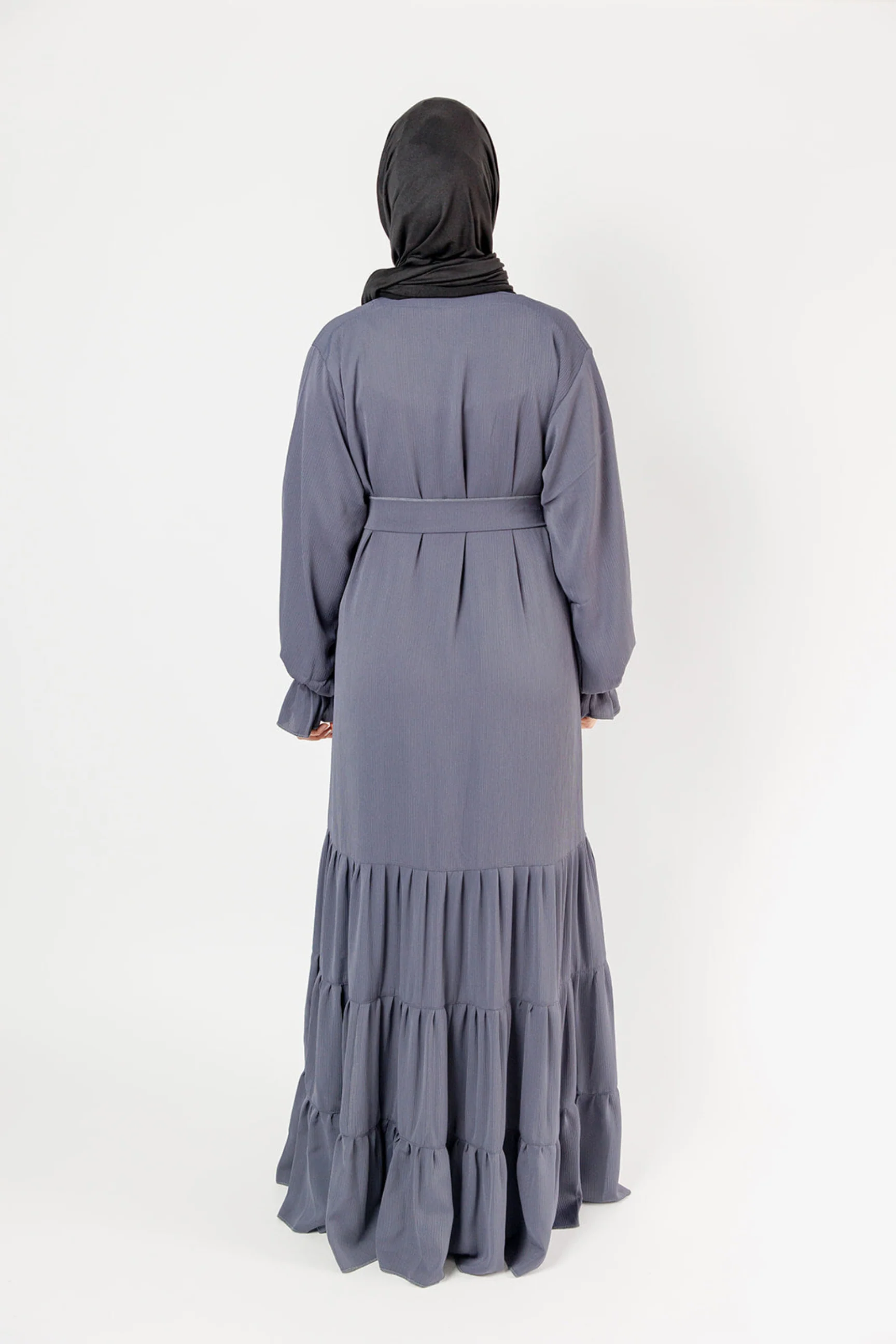 Textured Tiered Closed Abaya – Textured Fabric, Belted with Cuffed Sleeves - Image 5