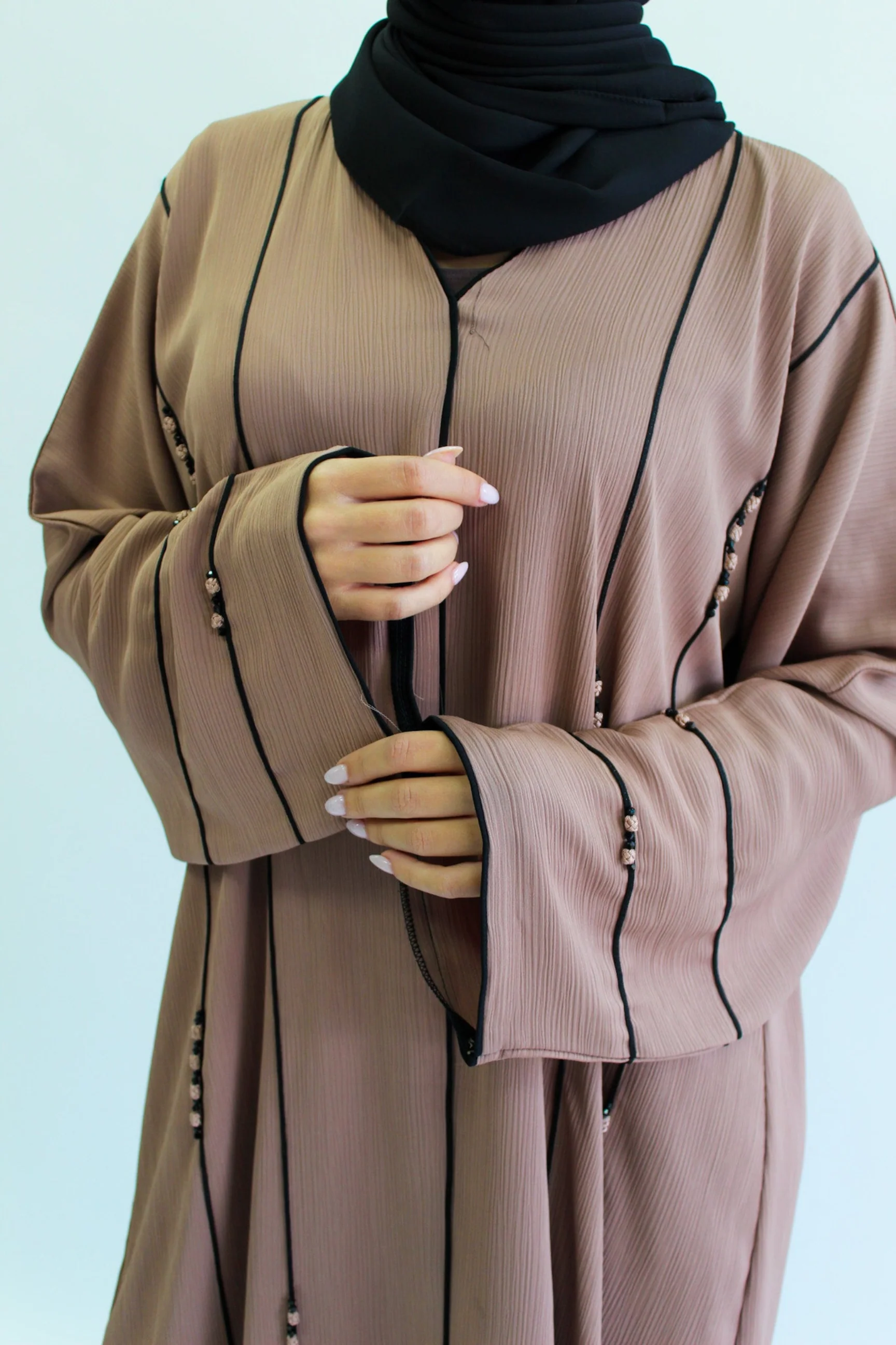 Soft Brown Closed Abaya – Textured Lined Design with Beaded Detailing - Image 2