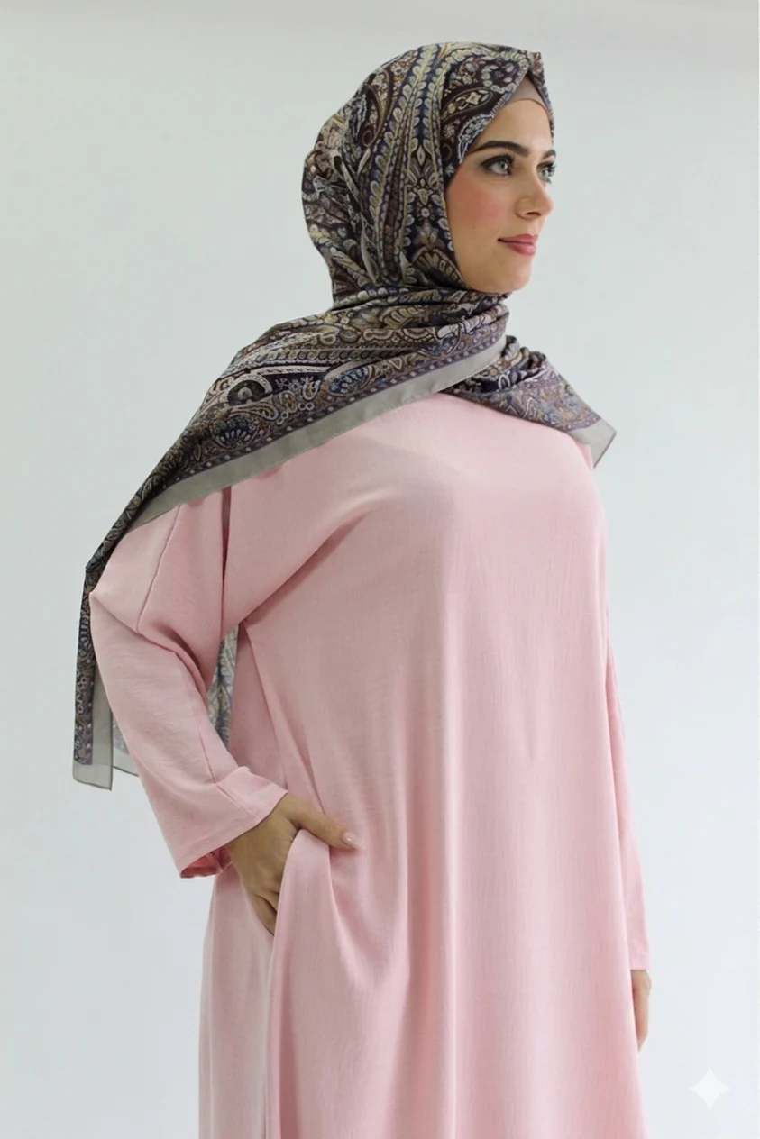 Soft Pink Closed Abaya - Crushed Polyester with Pocket - Image 2