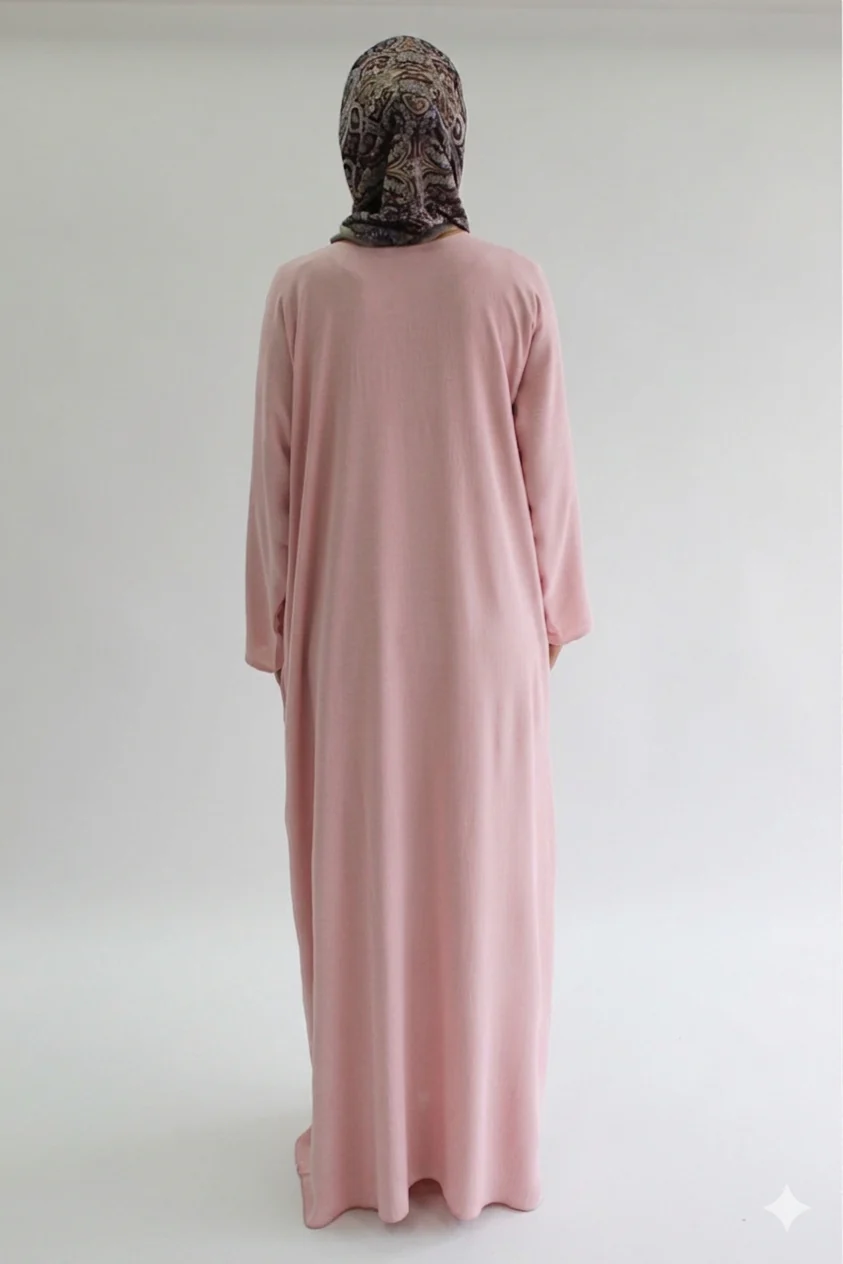 Soft Pink Closed Abaya - Crushed Polyester with Pocket - Image 3