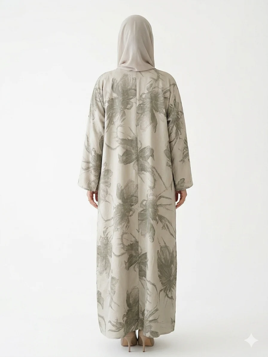 Stone Closed Abaya – Shimmer Mink Flower Print - Image 2