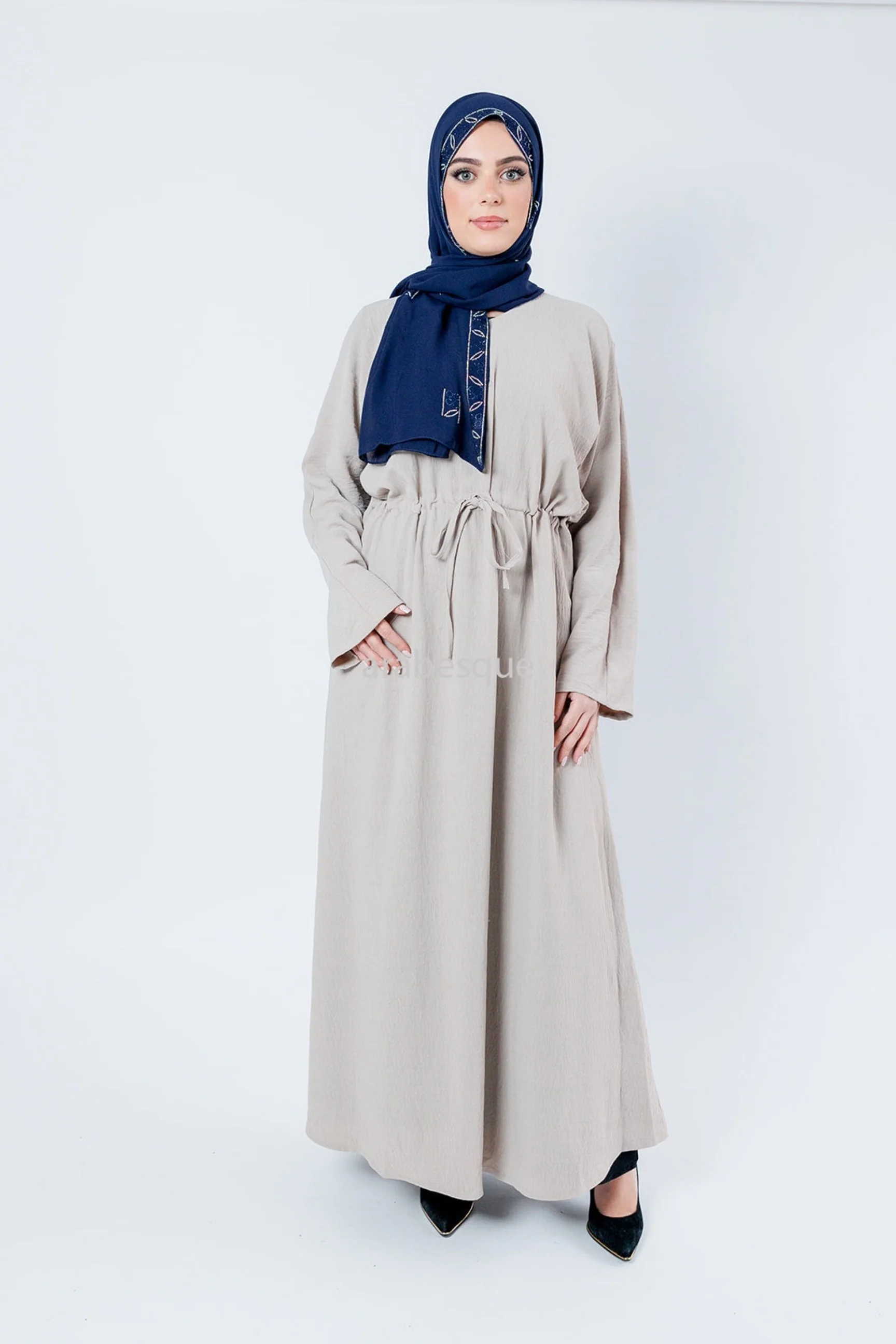 Stone Closed Abaya – Plain Crushed Polyester with Drawstring Waist - Image 2