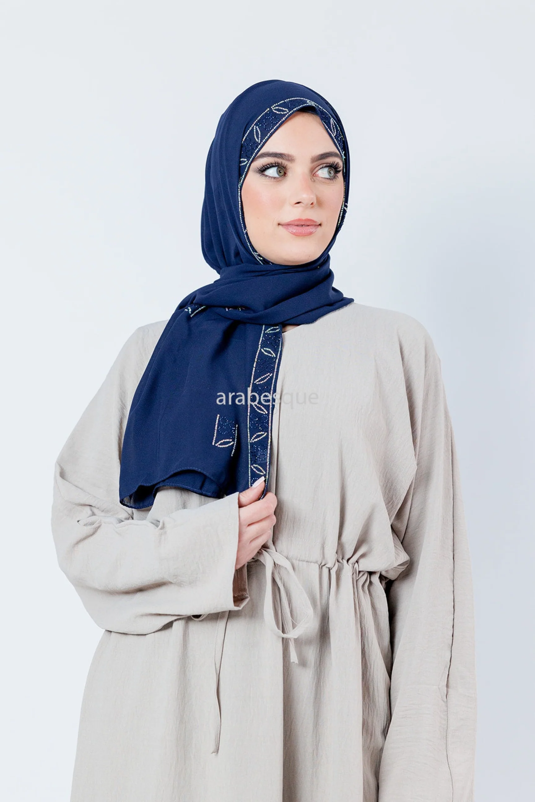 Stone Closed Abaya – Plain Crushed Polyester with Drawstring Waist - Image 3
