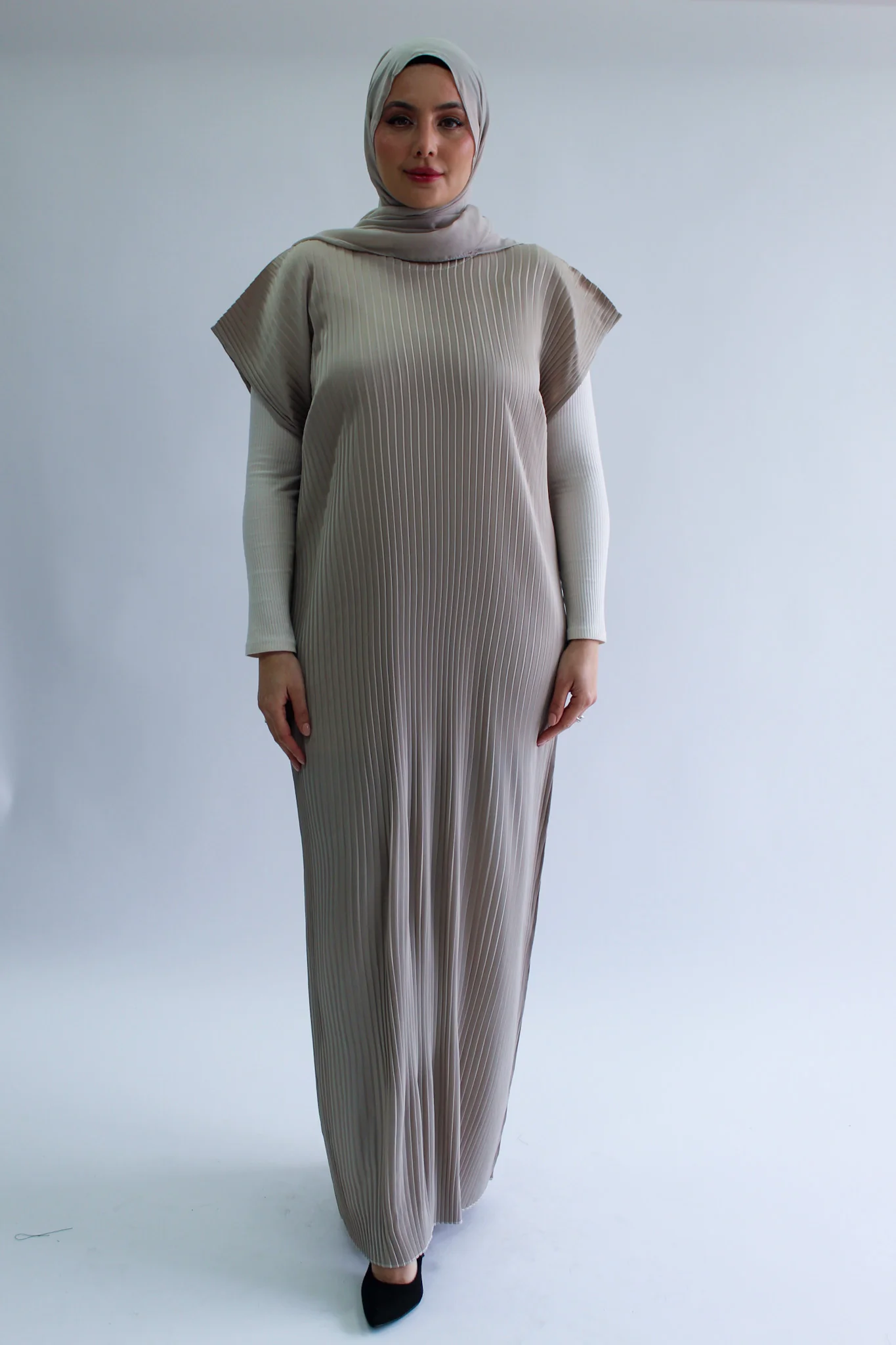 Stone Pleated Short Sleeve Dress  - Silky Ripple Satin