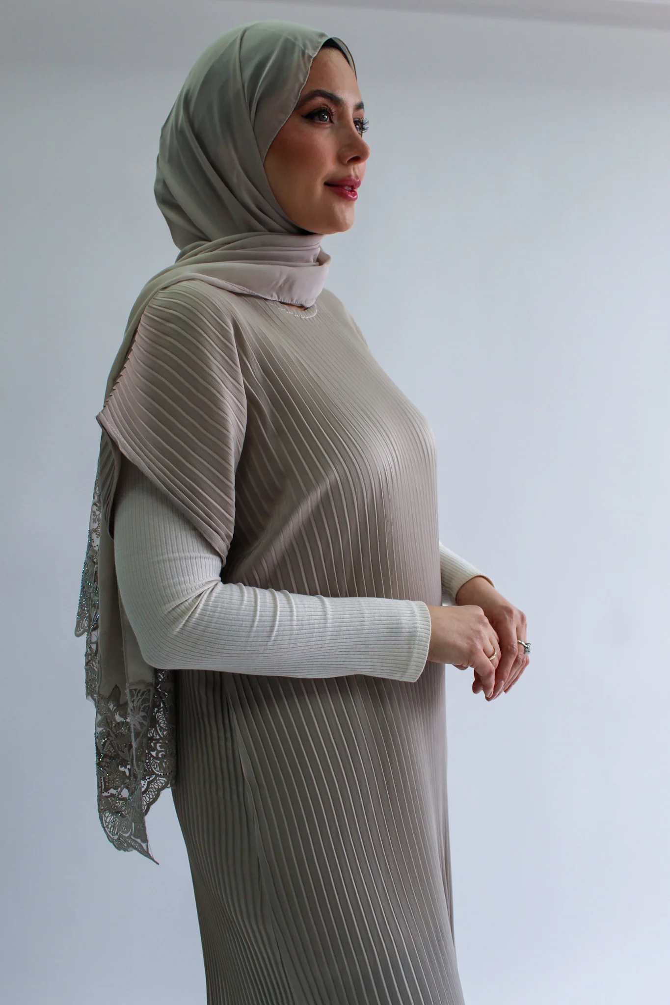 Stone Pleated Short Sleeve Dress  - Silky Ripple Satin - Image 2