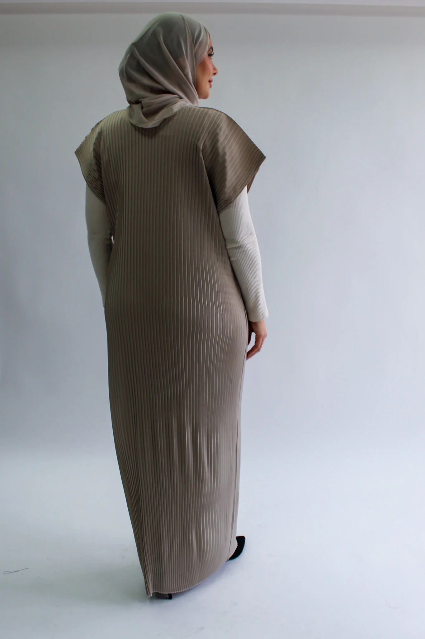 Stone Pleated Short Sleeve Dress  - Silky Ripple Satin - Image 3