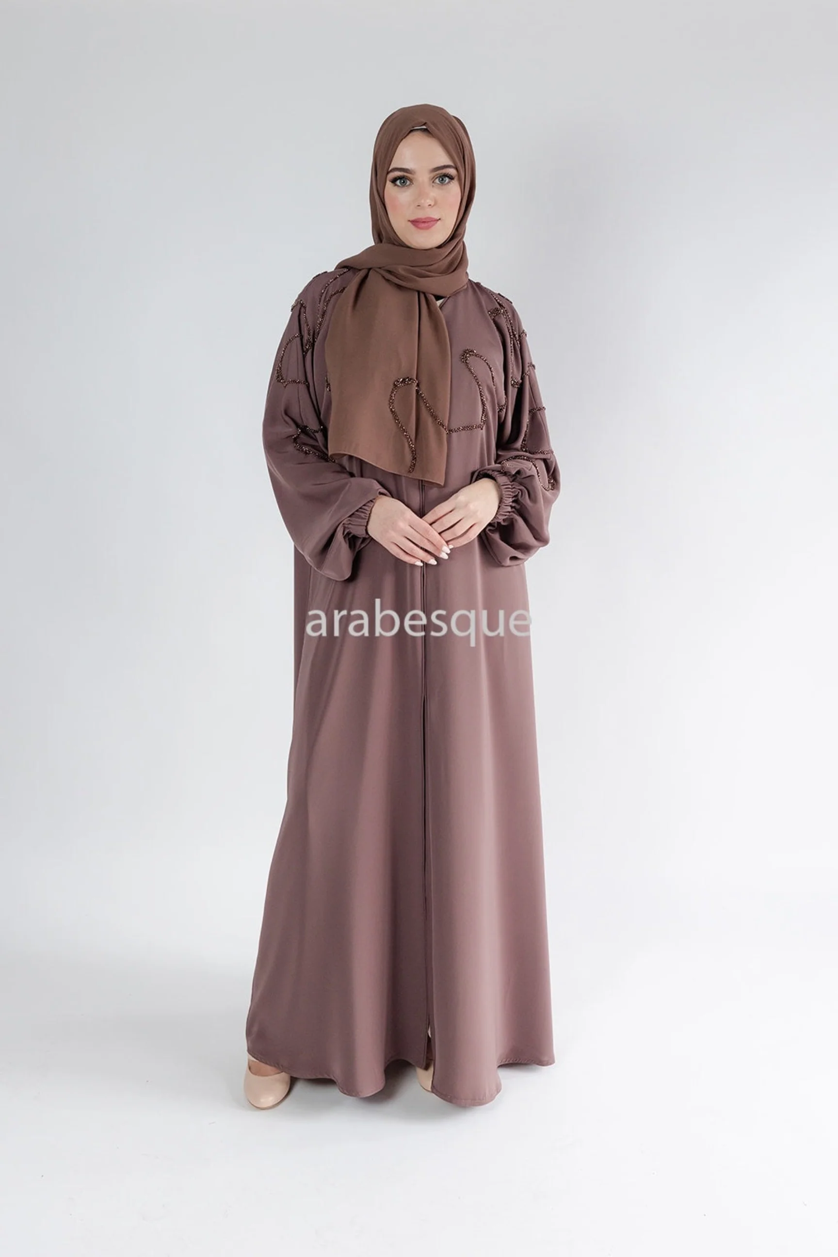Taupe Brown Open Abaya – Luxury Beaded Front Design with Elastic Sleeves