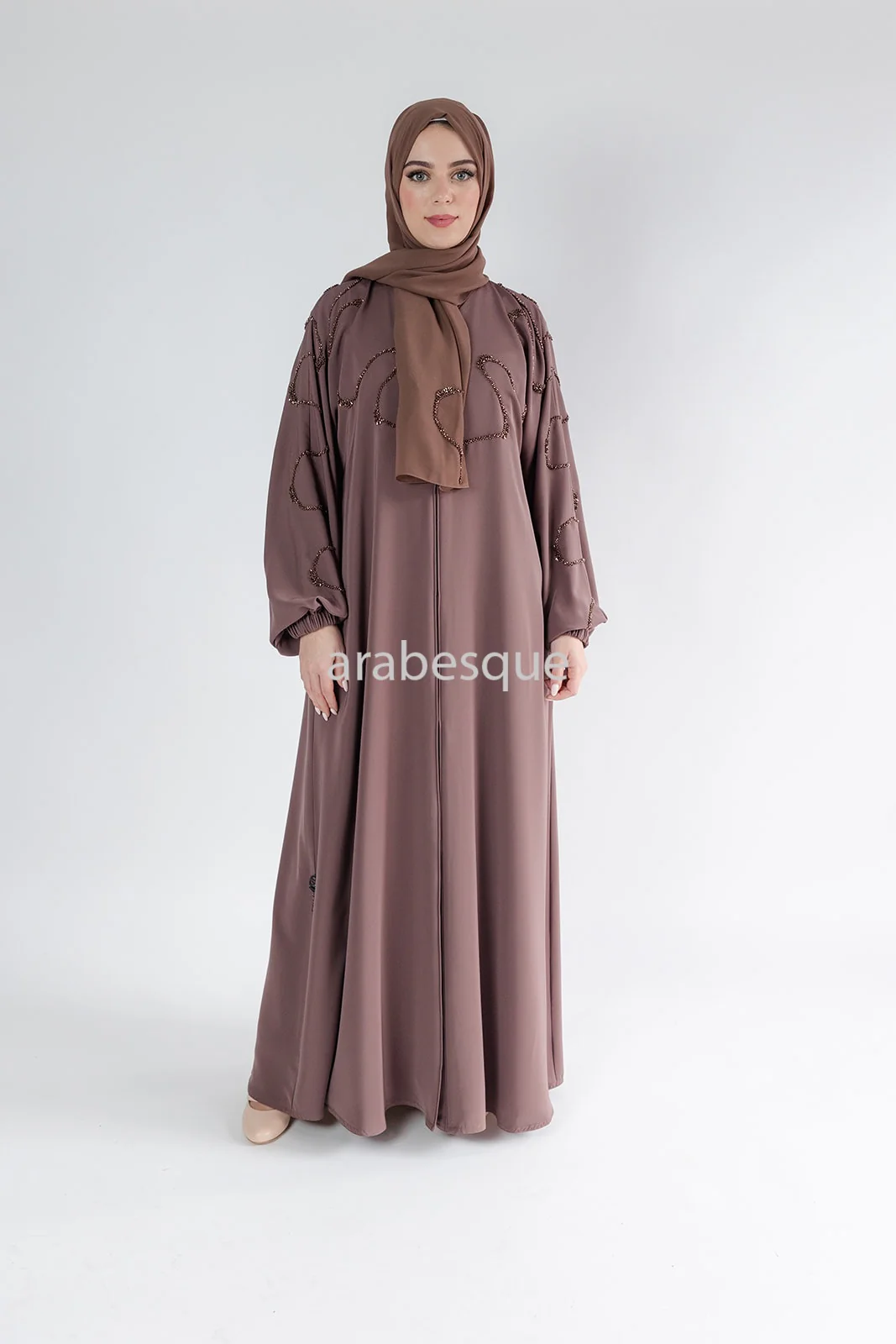 Taupe Brown Open Abaya – Luxury Beaded Front Design with Elastic Sleeves - Image 3