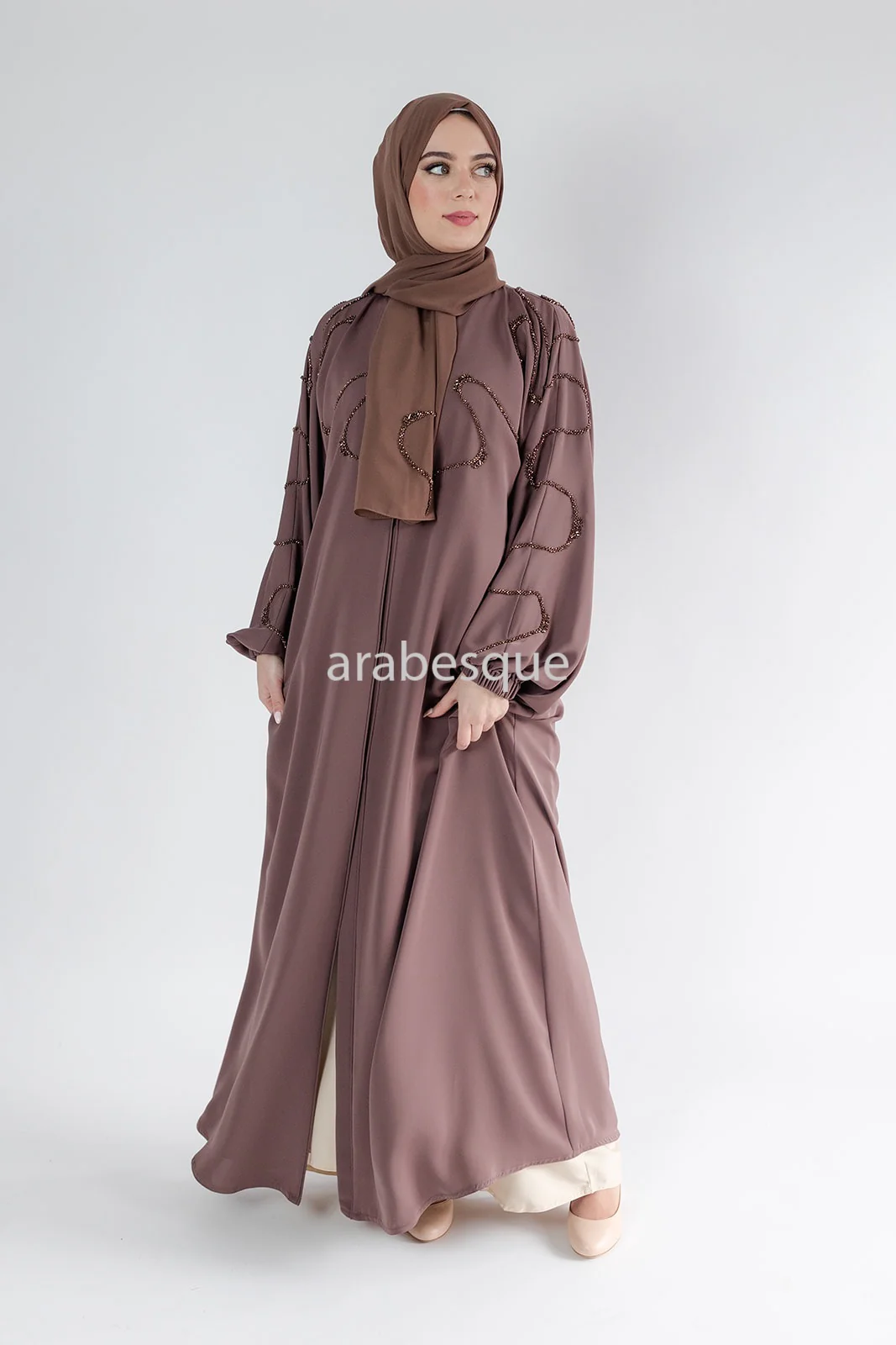 Taupe Brown Open Abaya – Luxury Beaded Front Design with Elastic Sleeves - Image 4