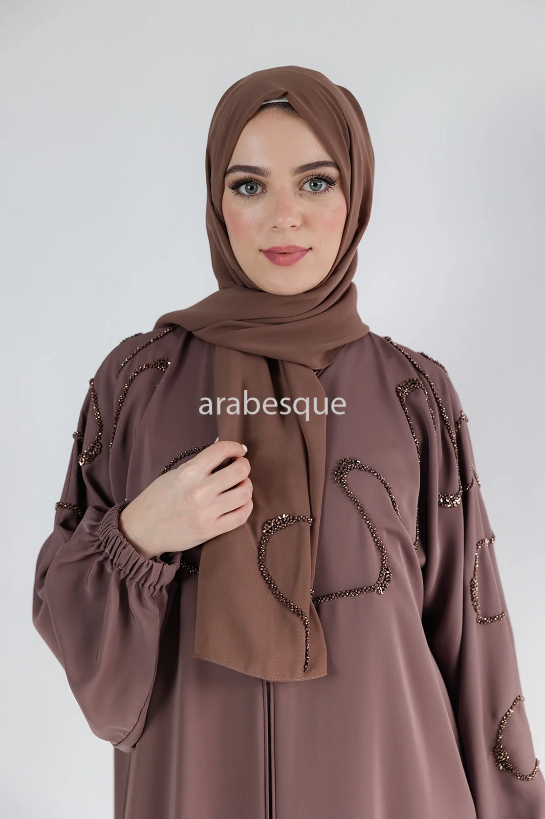 Taupe Brown Open Abaya – Luxury Beaded Front Design with Elastic Sleeves - Image 6