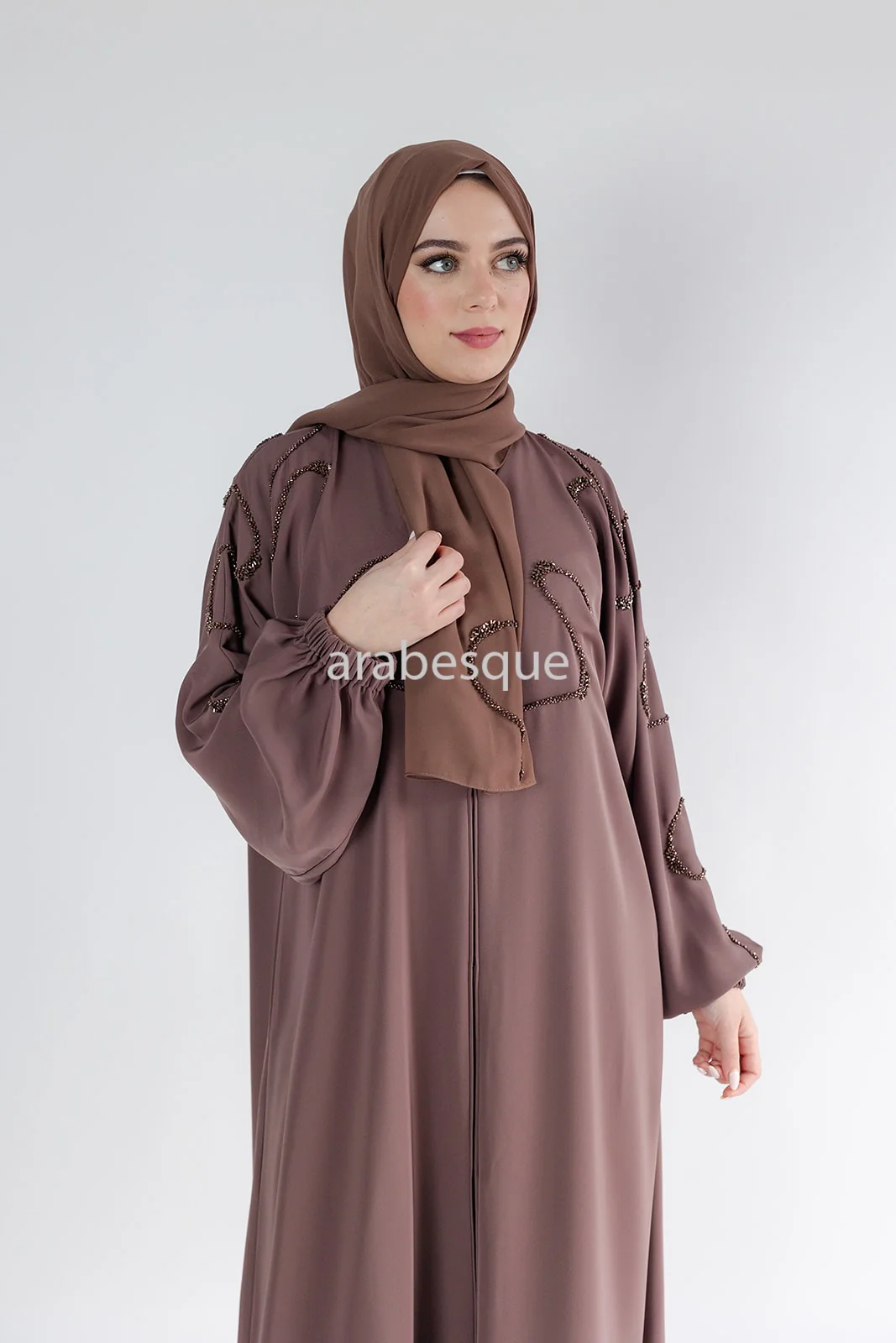 Taupe Brown Open Abaya – Luxury Beaded Front Design with Elastic Sleeves - Image 7