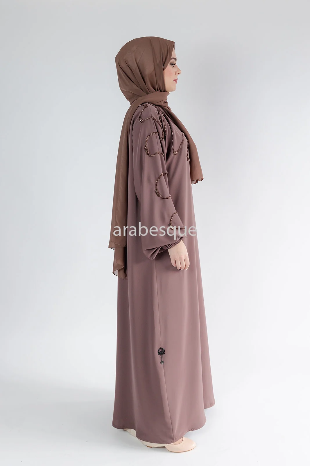 Taupe Brown Open Abaya – Luxury Beaded Front Design with Elastic Sleeves - Image 9