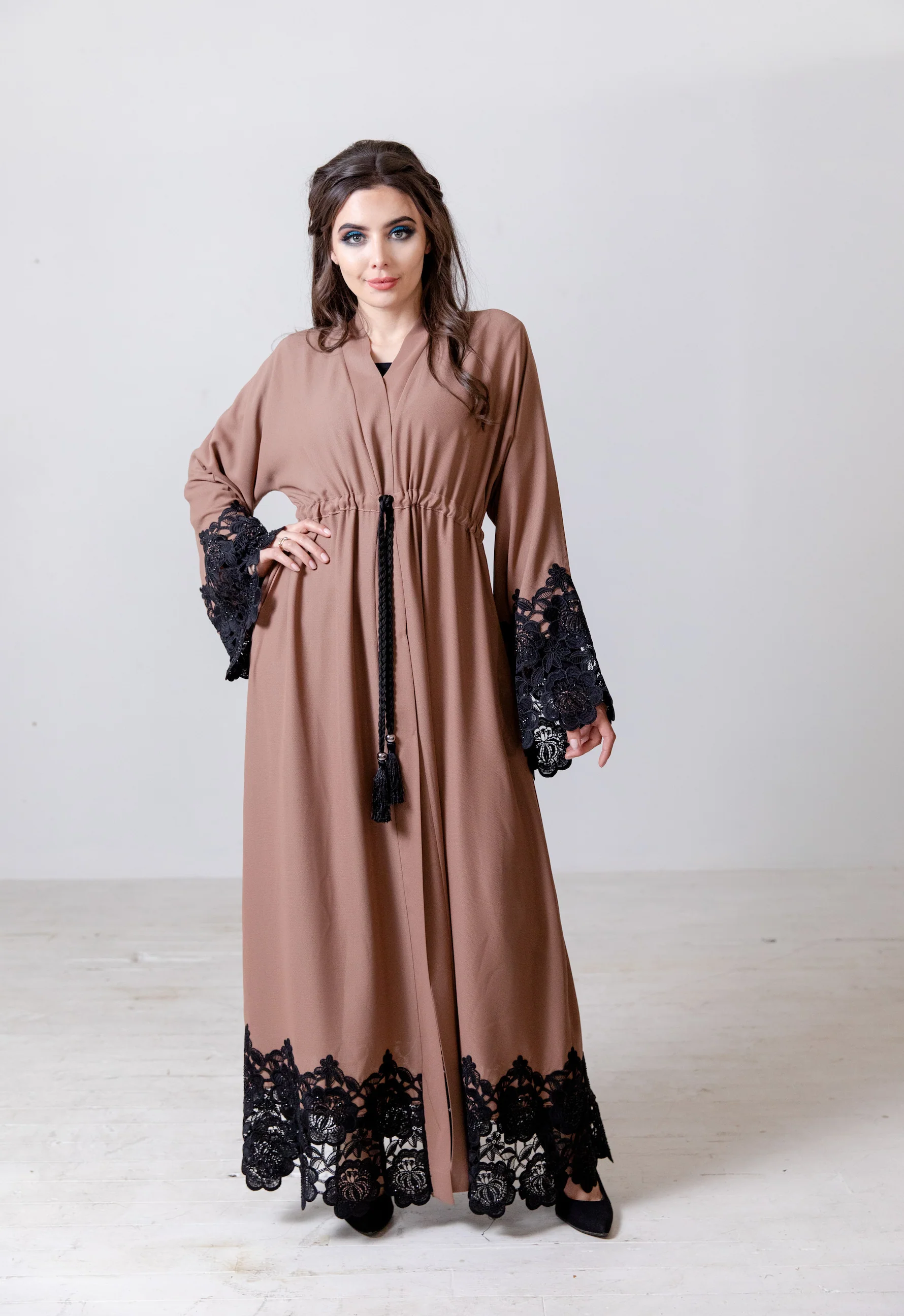 Taupe Open Abaya – Luxury Drawstring Design with Black Lace Trim - Image 3