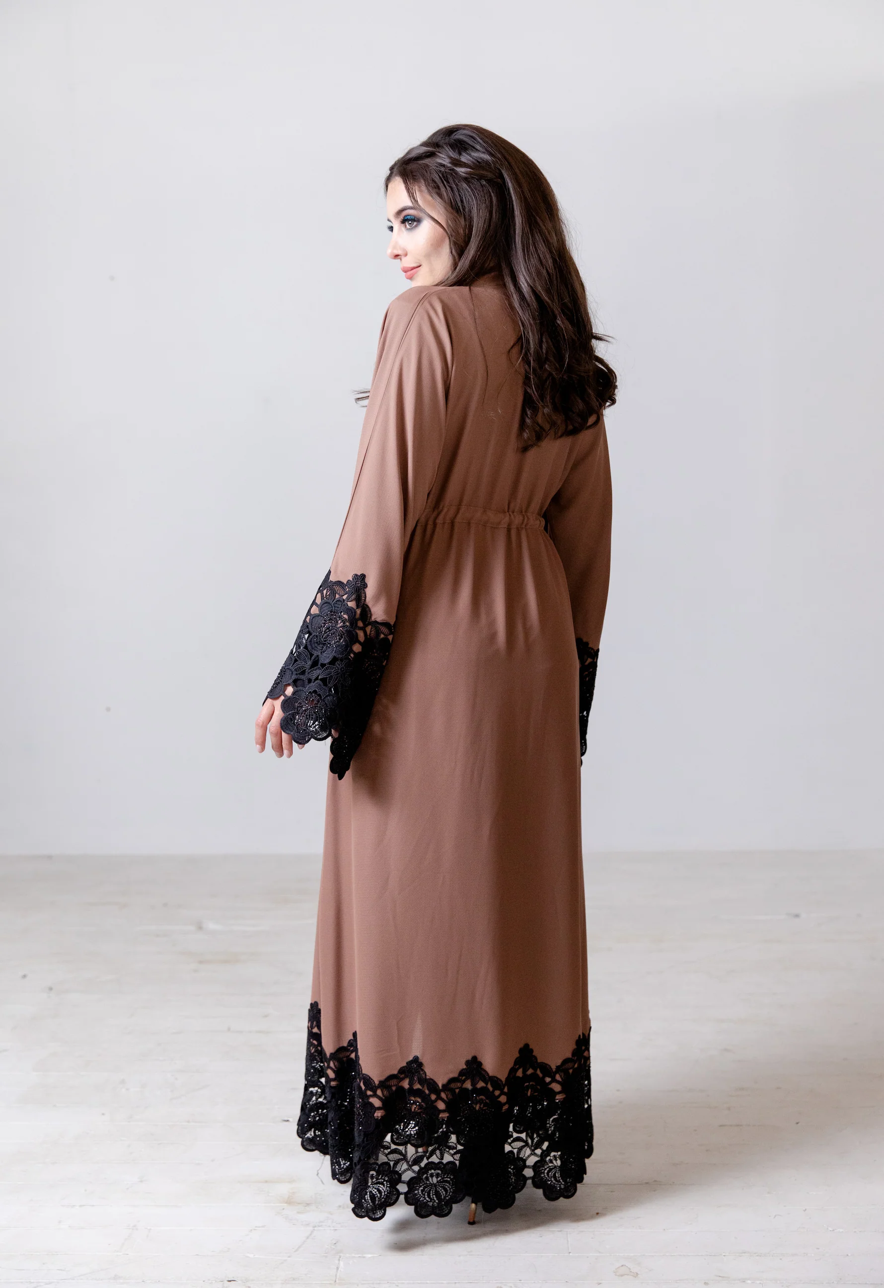 Taupe Open Abaya – Luxury Drawstring Design with Black Lace Trim - Image 4