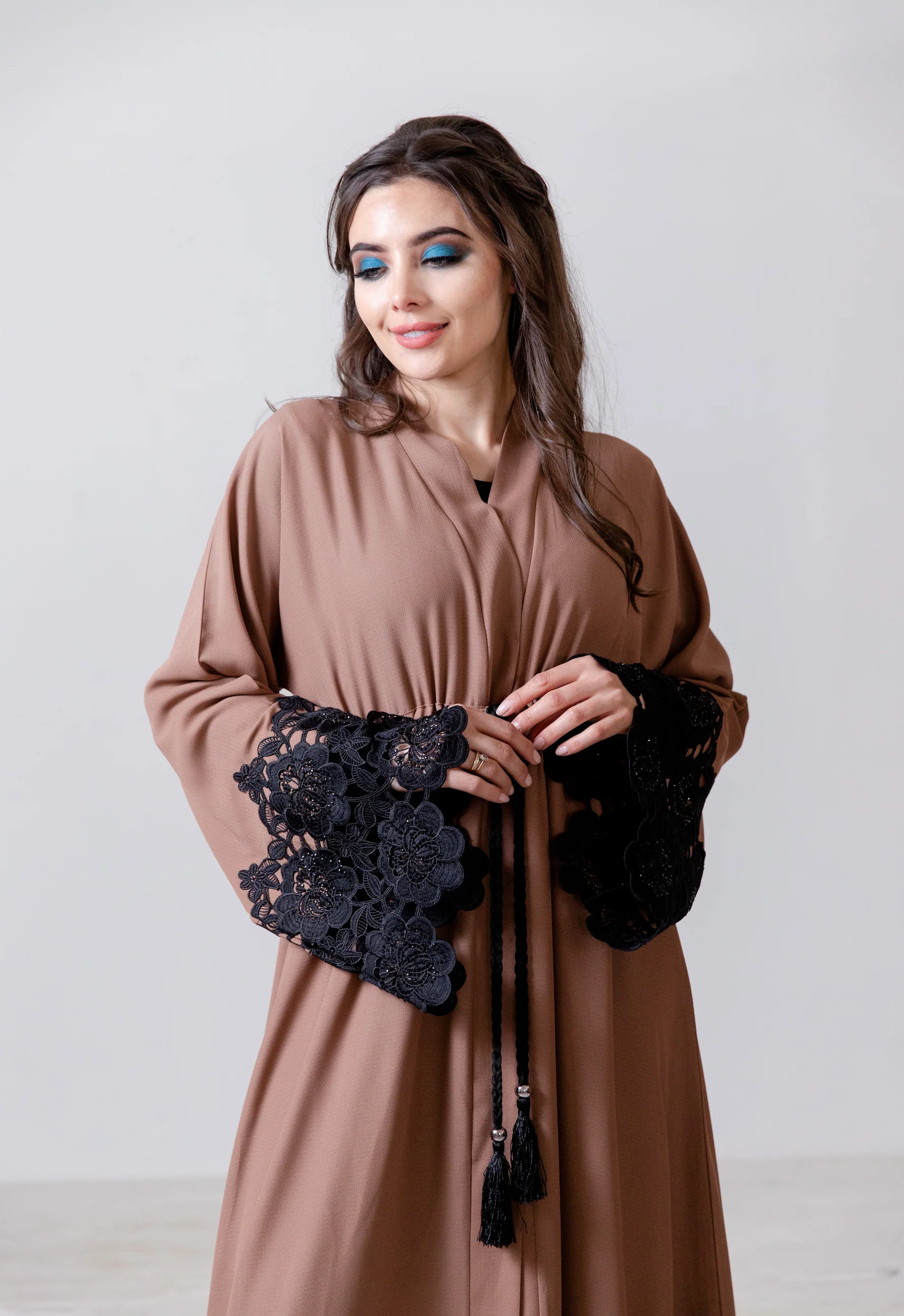 Taupe Open Abaya – Luxury Drawstring Design with Black Lace Trim - Image 5