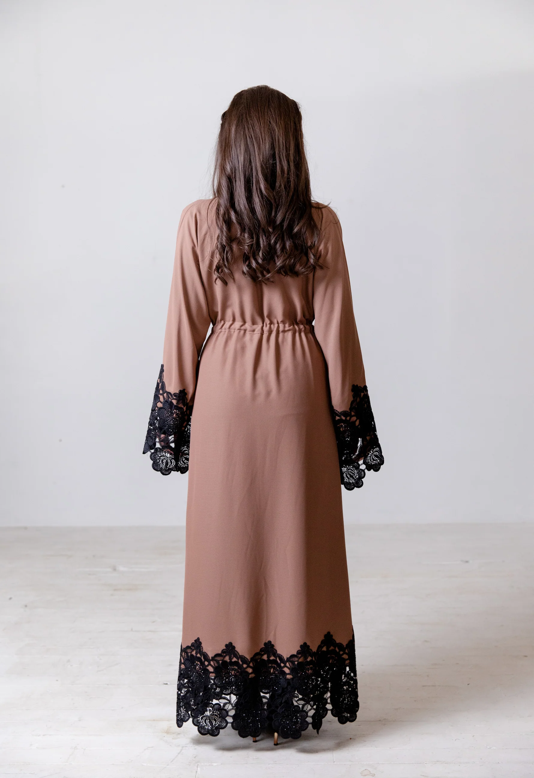 Taupe Open Abaya – Luxury Drawstring Design with Black Lace Trim - Image 6