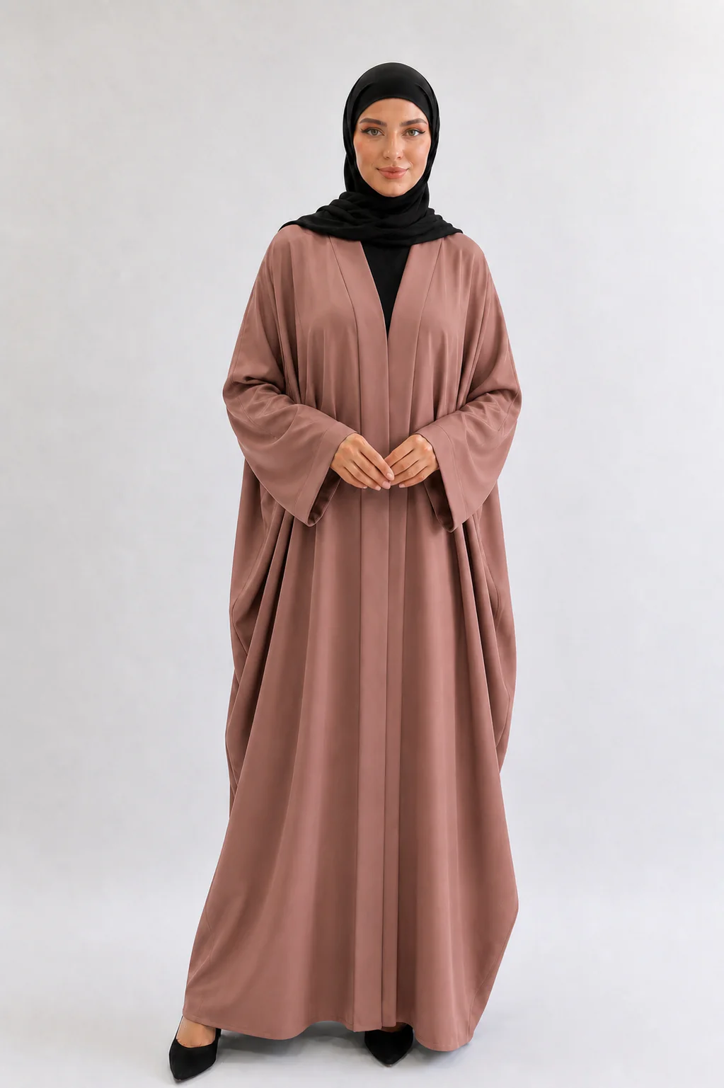Taupe Open Abaya – Ripple Satin Farasha Design