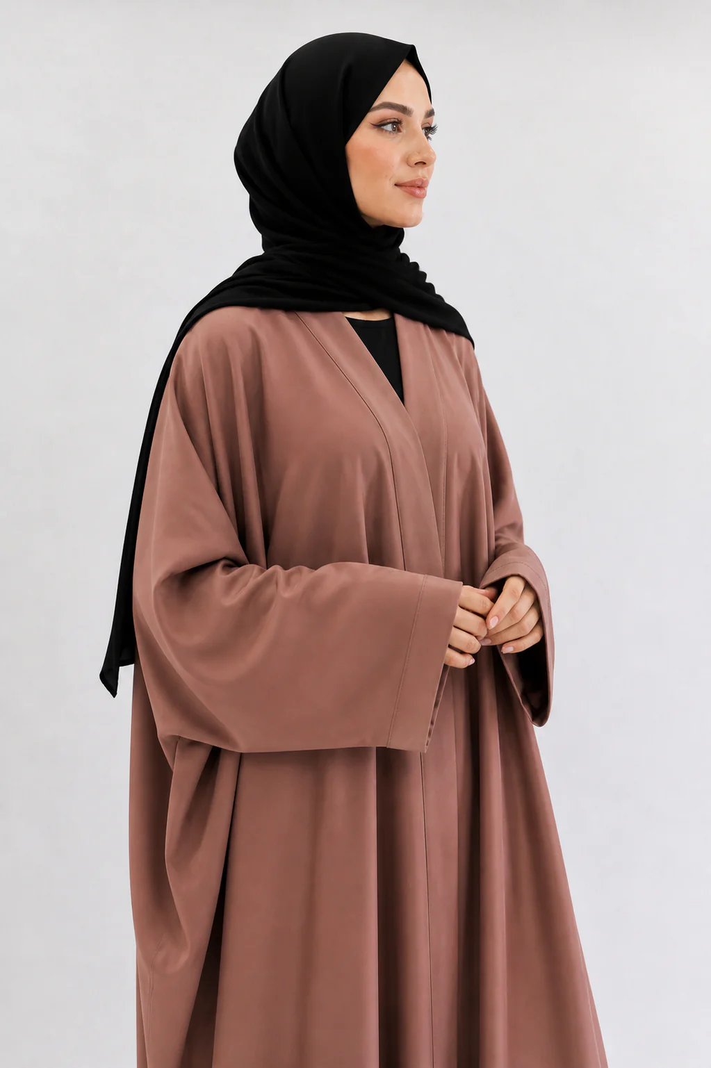 Taupe Open Abaya – Ripple Satin Farasha Design - Image 2
