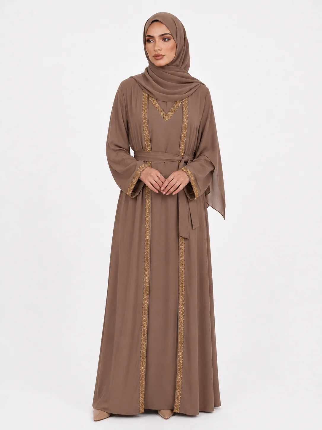 Taupe Two piece Open Abaya -Gold Embellishment