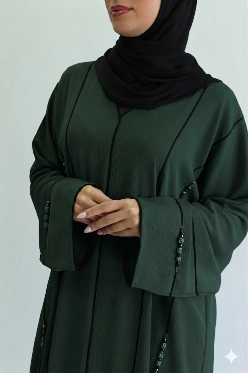 Dark Green Closed Abaya – Textured Lined Design with Beaded Detailing - Image 2