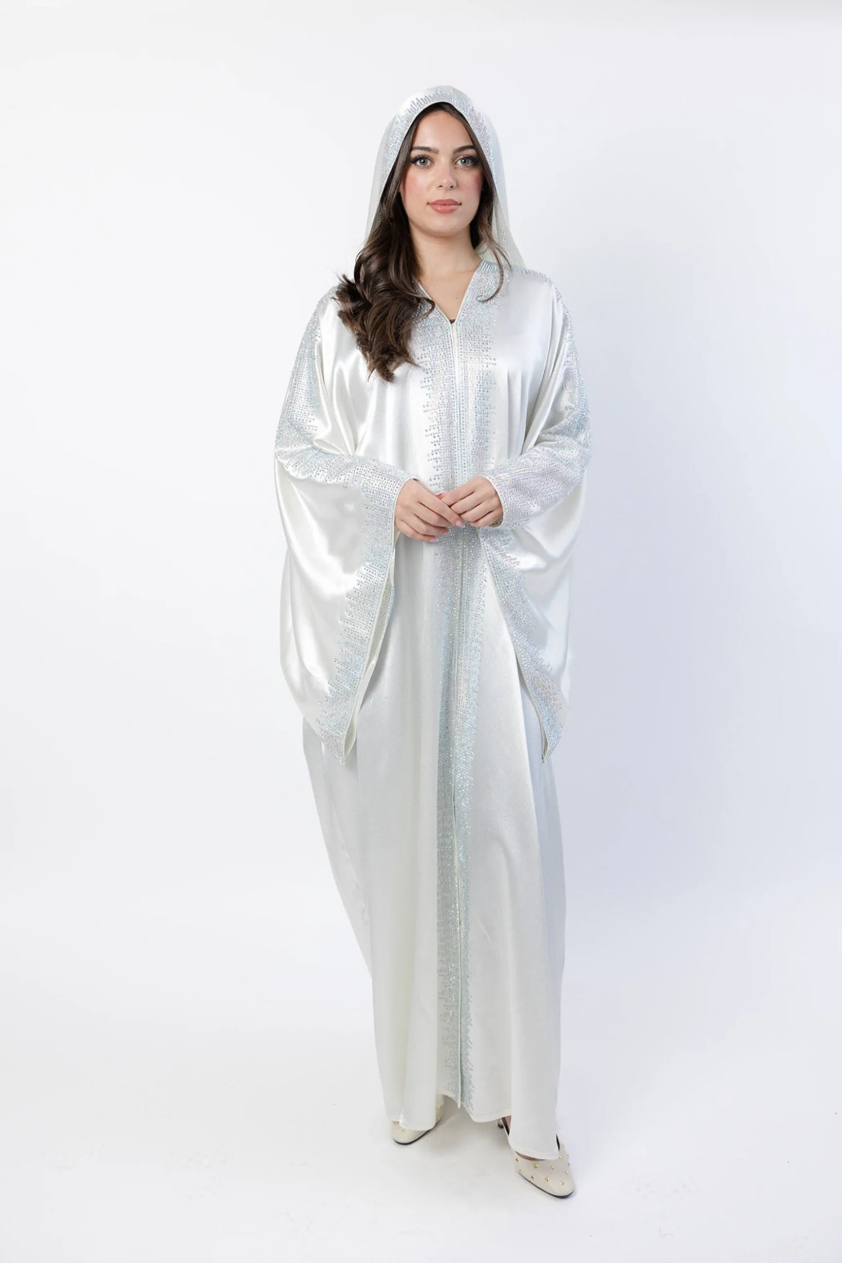 White Cape – Luxury Hooded Design with Silver Diamante Embellishment