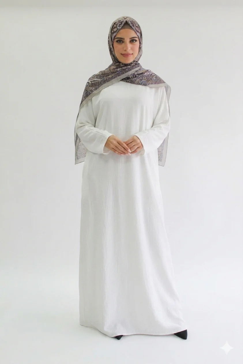 White Closed Abaya - Crushed Polyester with Pocket