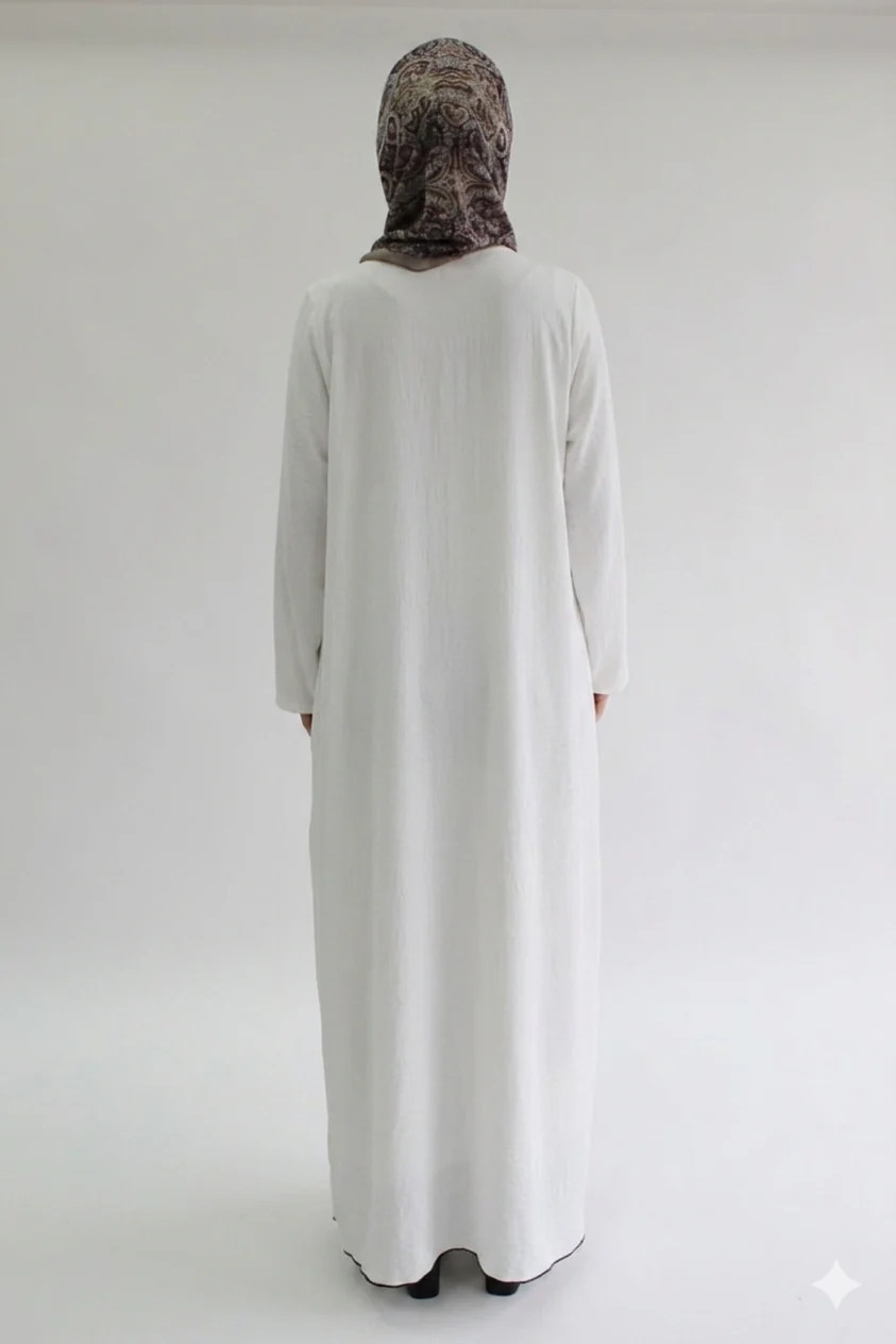White Closed Abaya - Crushed Polyester with Pocket - Image 3
