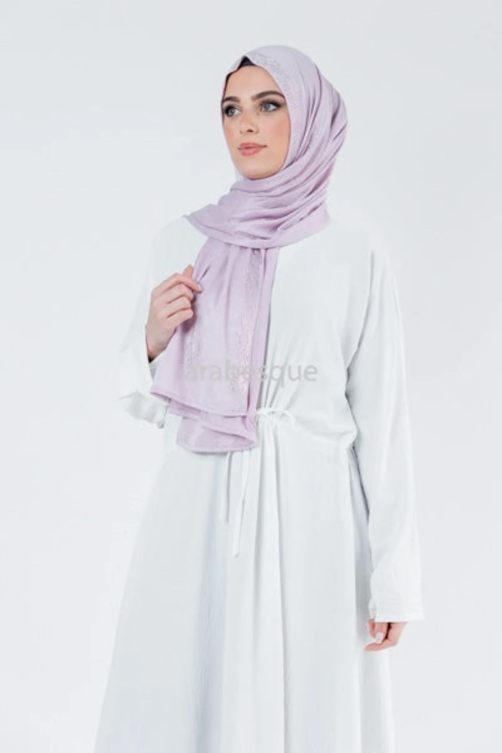 Off White Closed Abaya – Plain Crushed Polyester with Drawstring Waist - Image 2