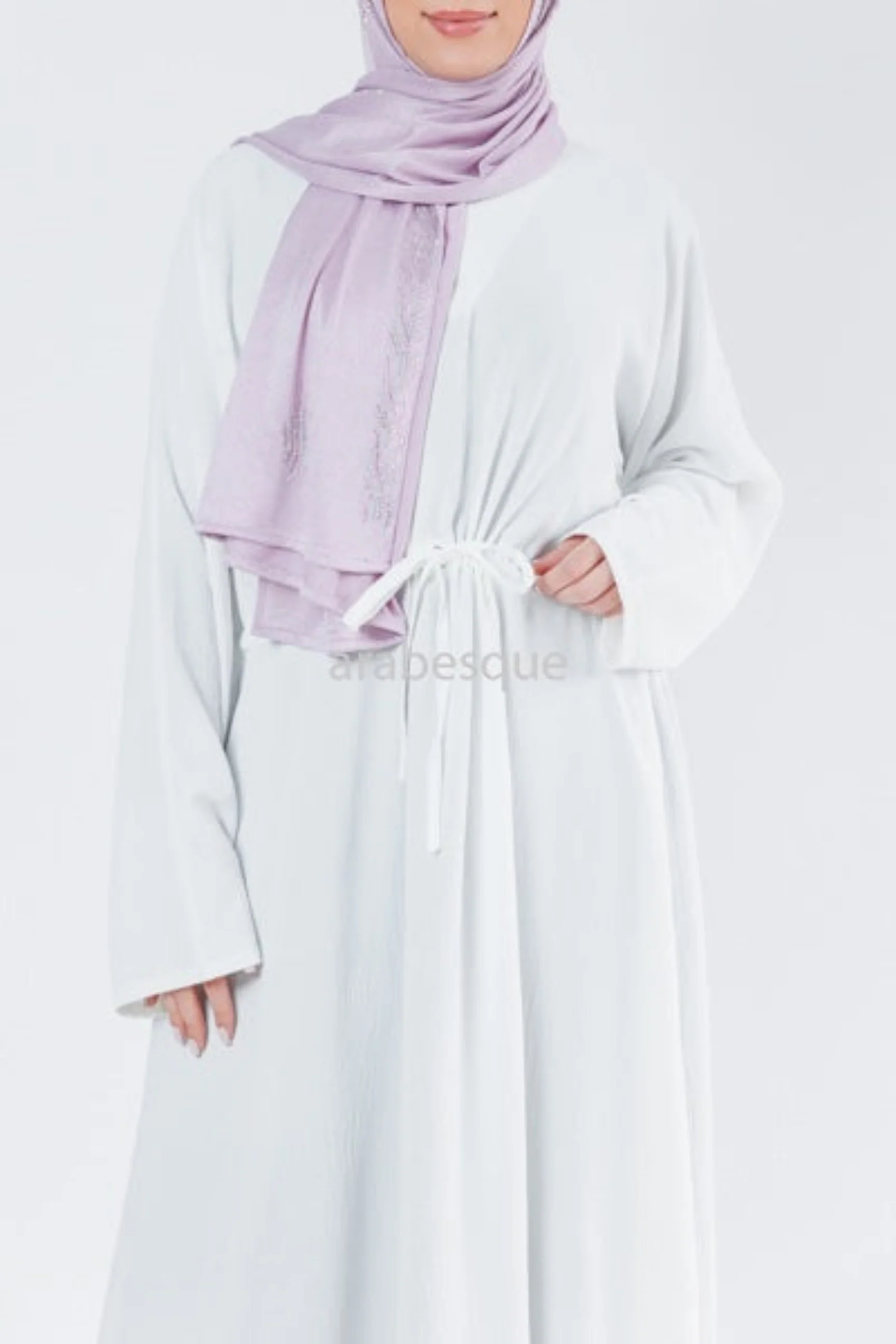 Off White Closed Abaya – Plain Crushed Polyester with Drawstring Waist - Image 3