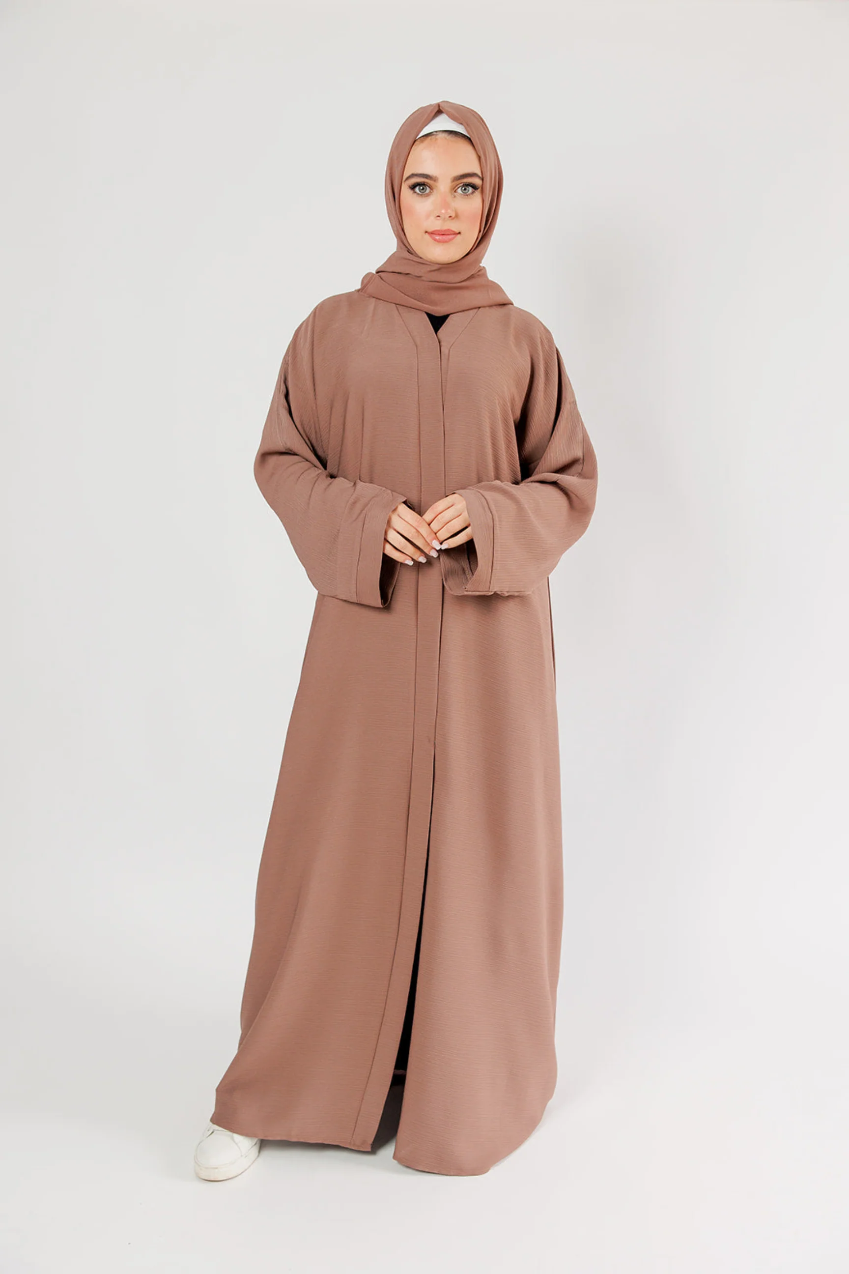 Wood Brown Open Abaya – Plain Design with Textured Finish