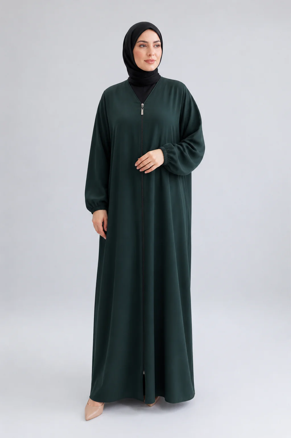 Zip Premium Plain Open Abaya With Pocket (Elastic Sleeves)